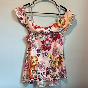 Express Medium Blouse Tank Top Off Shoulder Top Floral Ruffle Pink Colorful